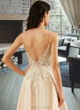 Paris A-Line V-neck Floor-Length Satin Lace Prom Dresses UKP0017412