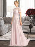 Camille A-Line High Neck Floor-Length Chiffon Lace Prom Dresses With Sequins UKP0017414