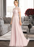 Camille A-Line High Neck Floor-Length Chiffon Lace Prom Dresses With Sequins UKP0017414