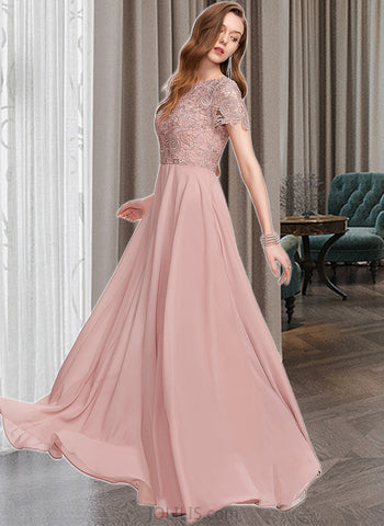 Mareli A-Line Scoop Floor-Length Chiffon Lace Prom Dresses With Sequins UKP0017422