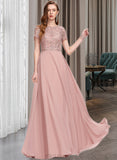 Mareli A-Line Scoop Floor-Length Chiffon Lace Prom Dresses With Sequins UKP0017422