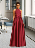 Lorna Ball-Gown/Princess Halter Floor-Length Satin Lace Prom Dresses With Sequins UKP0017427