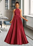 Lorna Ball-Gown/Princess Halter Floor-Length Satin Lace Prom Dresses With Sequins UKP0017427