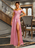 Cristal A-Line Off-the-Shoulder Floor-Length Polyester Prom Dresses With Sequins Pleated UKP0017430