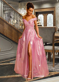 Cristal A-Line Off-the-Shoulder Floor-Length Polyester Prom Dresses With Sequins Pleated UKP0017430