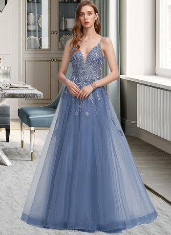 Harper A-Line V-neck Floor-Length Tulle Lace Prom Dresses With Sequins UKP0017433