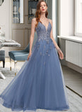 Harper A-Line V-neck Floor-Length Tulle Lace Prom Dresses With Sequins UKP0017433