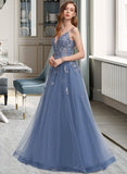 Harper A-Line V-neck Floor-Length Tulle Lace Prom Dresses With Sequins UKP0017433