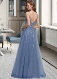 Harper A-Line V-neck Floor-Length Tulle Lace Prom Dresses With Sequins UKP0017433