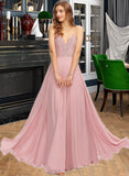 Joan A-Line V-neck Floor-Length Chiffon Lace Prom Dresses UKP0017434