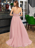 Joan A-Line V-neck Floor-Length Chiffon Lace Prom Dresses UKP0017434