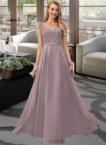 Olga A-Line V-neck Floor-Length Chiffon Prom Dresses With Beading Feather Flower(s) Sequins UKP0017435