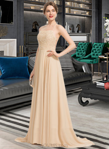 Nydia A-Line Square Sweep Train Chiffon Prom Dresses With Beading Sequins UKP0017436