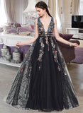 Mya A-Line V-neck Floor-Length Tulle Lace Prom Dresses With Beading Sequins UKP0017437