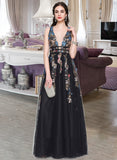 Mya A-Line V-neck Floor-Length Tulle Lace Prom Dresses With Beading Sequins UKP0017437