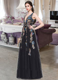 Mya A-Line V-neck Floor-Length Tulle Lace Prom Dresses With Beading Sequins UKP0017437