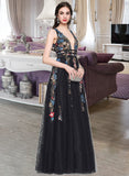 Mya A-Line V-neck Floor-Length Tulle Lace Prom Dresses With Beading Sequins UKP0017437