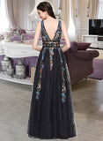 Mya A-Line V-neck Floor-Length Tulle Lace Prom Dresses With Beading Sequins UKP0017437