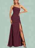 Emelia A-line One Shoulder Floor-Length Chiffon Bridesmaid Dress With Ruffle UKP0017440