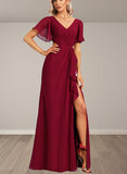 Cadence A-line V-Neck Floor-Length Chiffon Bridesmaid Dress With Ruffle UKP0017441