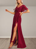 Cadence A-line V-Neck Floor-Length Chiffon Bridesmaid Dress With Ruffle UKP0017441