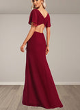 Cadence A-line V-Neck Floor-Length Chiffon Bridesmaid Dress With Ruffle UKP0017441