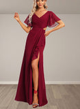 Cadence A-line V-Neck Floor-Length Chiffon Bridesmaid Dress With Ruffle UKP0017441