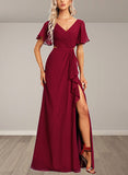 Cadence A-line V-Neck Floor-Length Chiffon Bridesmaid Dress With Ruffle UKP0017441