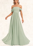 Cadence A-line Off the Shoulder Floor-Length Chiffon Bridesmaid Dress With Ruffle UKP0017442