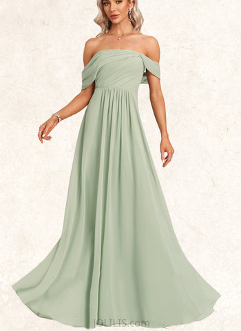 Cadence A-line Off the Shoulder Floor-Length Chiffon Bridesmaid Dress With Ruffle UKP0017442