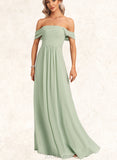 Cadence A-line Off the Shoulder Floor-Length Chiffon Bridesmaid Dress With Ruffle UKP0017442