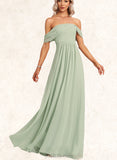 Cadence A-line Off the Shoulder Floor-Length Chiffon Bridesmaid Dress With Ruffle UKP0017442