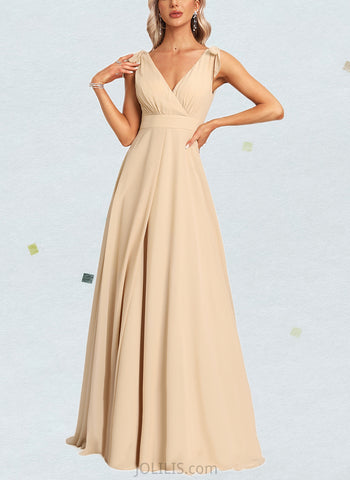 Anastasia A-Line V-neck Floor-Length Chiffon Bridesmaid Dress With Bow(s) UKP0017443