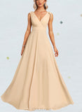 Anastasia A-Line V-neck Floor-Length Chiffon Bridesmaid Dress With Bow(s) UKP0017443