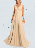 Anastasia A-Line V-neck Floor-Length Chiffon Bridesmaid Dress With Bow(s) UKP0017443