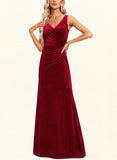 Alyson Trumpet/Mermaid V-Neck Floor-Length Velvet Bridesmaid Dress With Ruffle UKP0017444