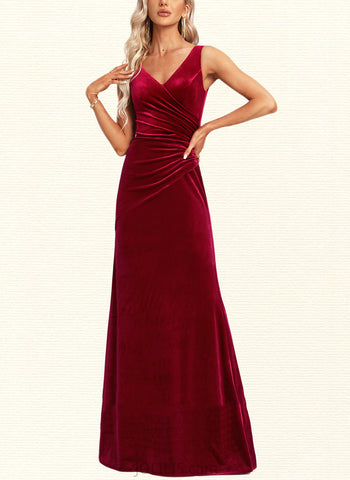 Alyson Trumpet/Mermaid V-Neck Floor-Length Velvet Bridesmaid Dress With Ruffle UKP0017444