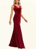 Alyson Trumpet/Mermaid V-Neck Floor-Length Velvet Bridesmaid Dress With Ruffle UKP0017444