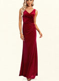 Alyson Trumpet/Mermaid V-Neck Floor-Length Velvet Bridesmaid Dress With Ruffle UKP0017444