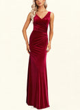 Alyson Trumpet/Mermaid V-Neck Floor-Length Velvet Bridesmaid Dress With Ruffle UKP0017444