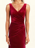 Alyson Trumpet/Mermaid V-Neck Floor-Length Velvet Bridesmaid Dress With Ruffle UKP0017444