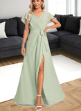 Jaylene A-line V-Neck Floor-Length Chiffon Bridesmaid Dress With Ruffle UKP0017448