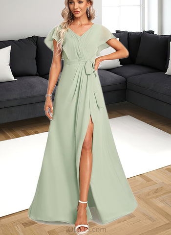 Jaylene A-line V-Neck Floor-Length Chiffon Bridesmaid Dress With Ruffle UKP0017448