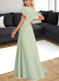 Jaylene A-line V-Neck Floor-Length Chiffon Bridesmaid Dress With Ruffle UKP0017448