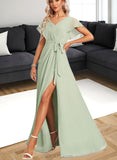 Jaylene A-line V-Neck Floor-Length Chiffon Bridesmaid Dress With Ruffle UKP0017448