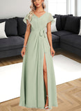 Jaylene A-line V-Neck Floor-Length Chiffon Bridesmaid Dress With Ruffle UKP0017448