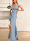 Jazlynn A-line V-Neck Floor-Length Chiffon Bridesmaid Dress With Ruffle UKP0017449