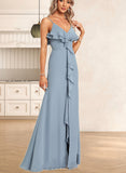 Jazlynn A-line V-Neck Floor-Length Chiffon Bridesmaid Dress With Ruffle UKP0017449