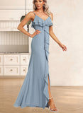 Jazlynn A-line V-Neck Floor-Length Chiffon Bridesmaid Dress With Ruffle UKP0017449