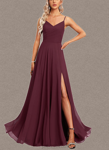 Justine A-line V-Neck Floor-Length Chiffon Bridesmaid Dress UKP0017452